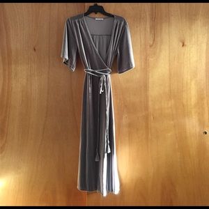 Silver flutter sleeve velvet wrap dress.